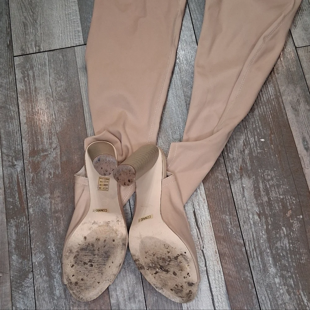 CAPE ROBBIN Connie Tan Thigh High Sock Peep Toe Y2K Block Heel Boots Size 8.5